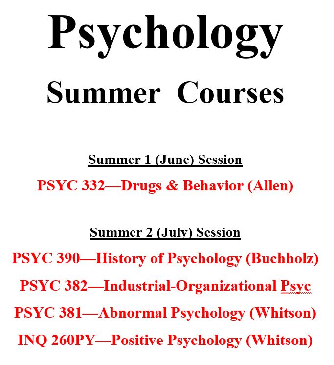 Psychology Summer Courses 2018 Roanoke College Psychology Department